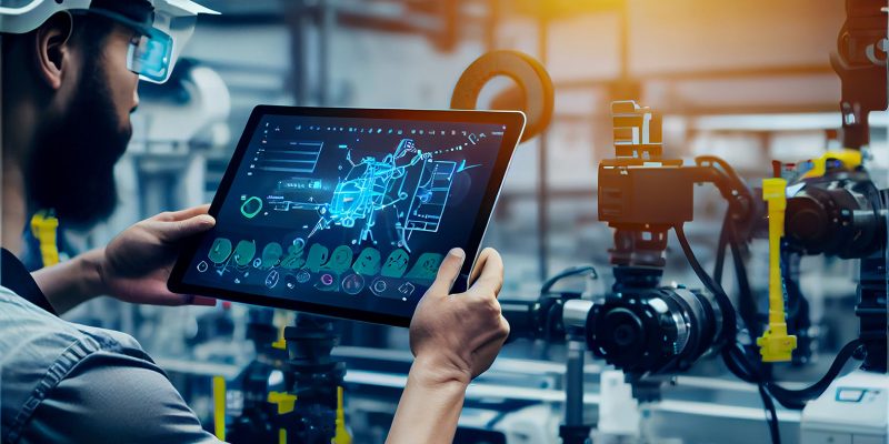 Smart factory Process Automation engineer using laptop for smart factory automation software. Smart factory automation and industry 4.0 concept with connected production robots data with internet of things (IoT) and cloud computing technology, businessman touching interface with icons in gears. Equipment Production. Automated Robot Arm Assembly Line. High quality illustration